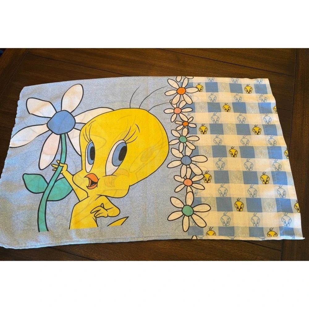Vtg Looney Tunes Tweety Bird Daisy Gingham Pillowcase 90s Cartoon